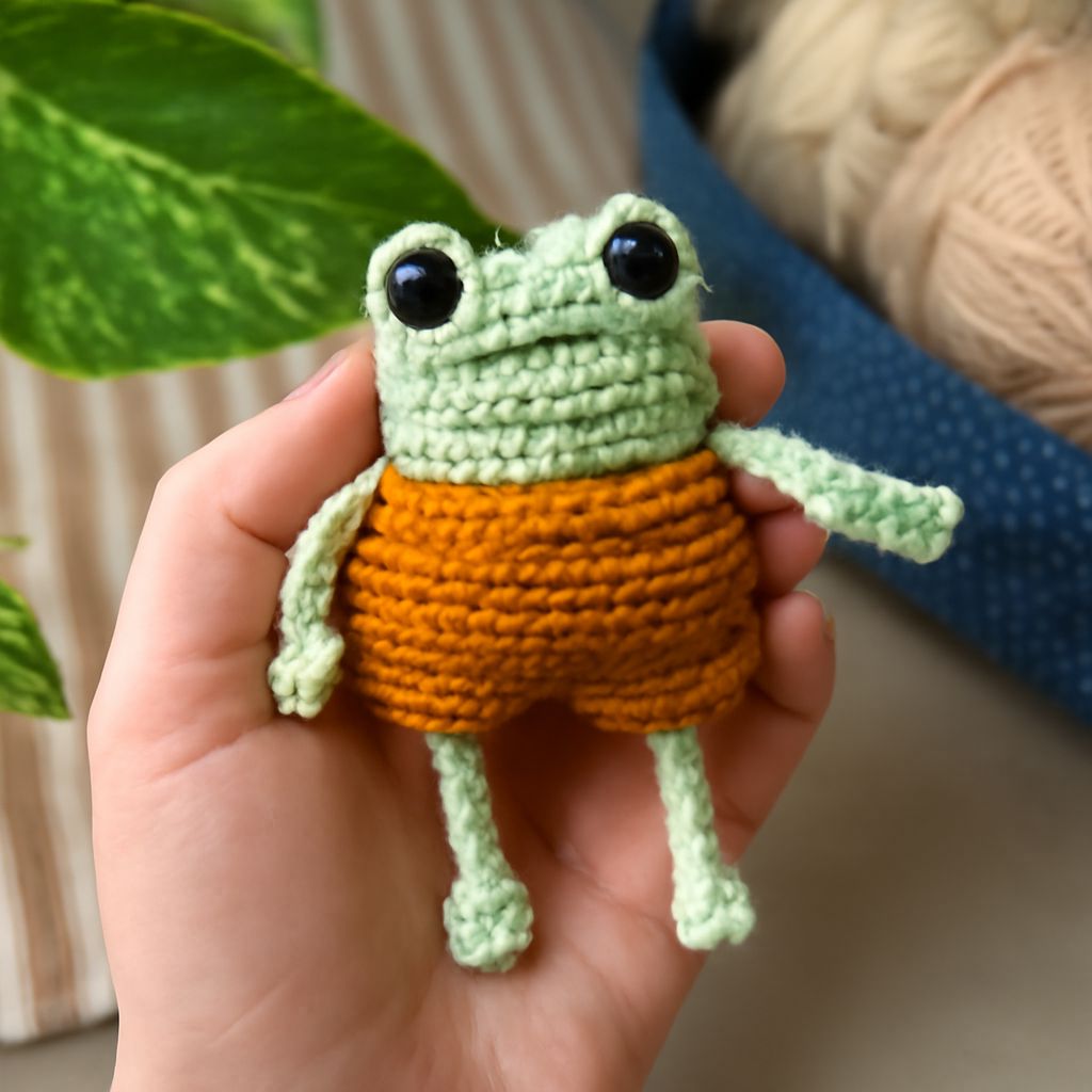 A crochet frog made using a simple pattern