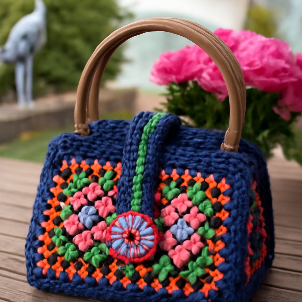 A colorful granny square bag suitable for cosplay