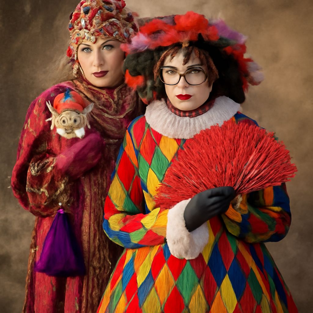 Harlequin character in commedia dell'arte costume