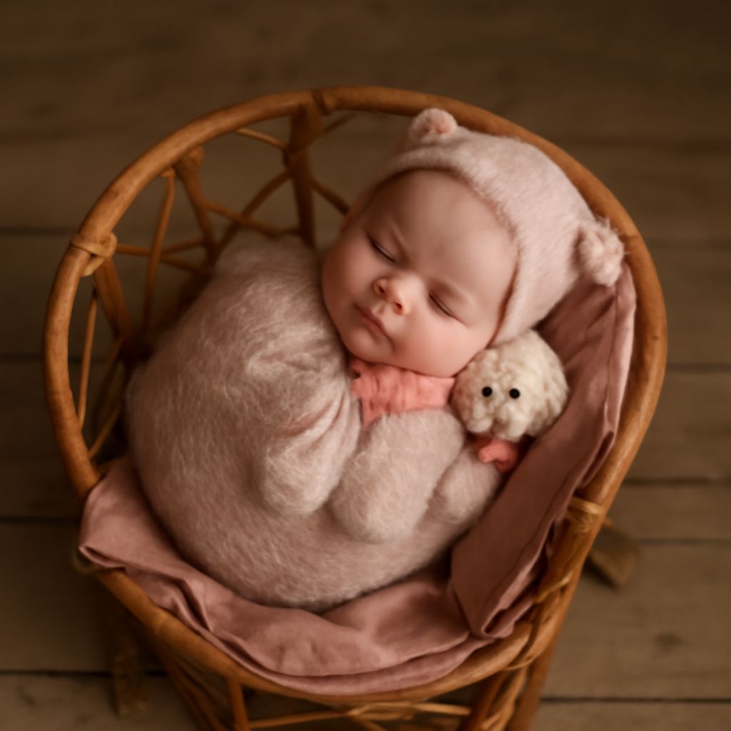 A serene newborn photo setup with soft lighting