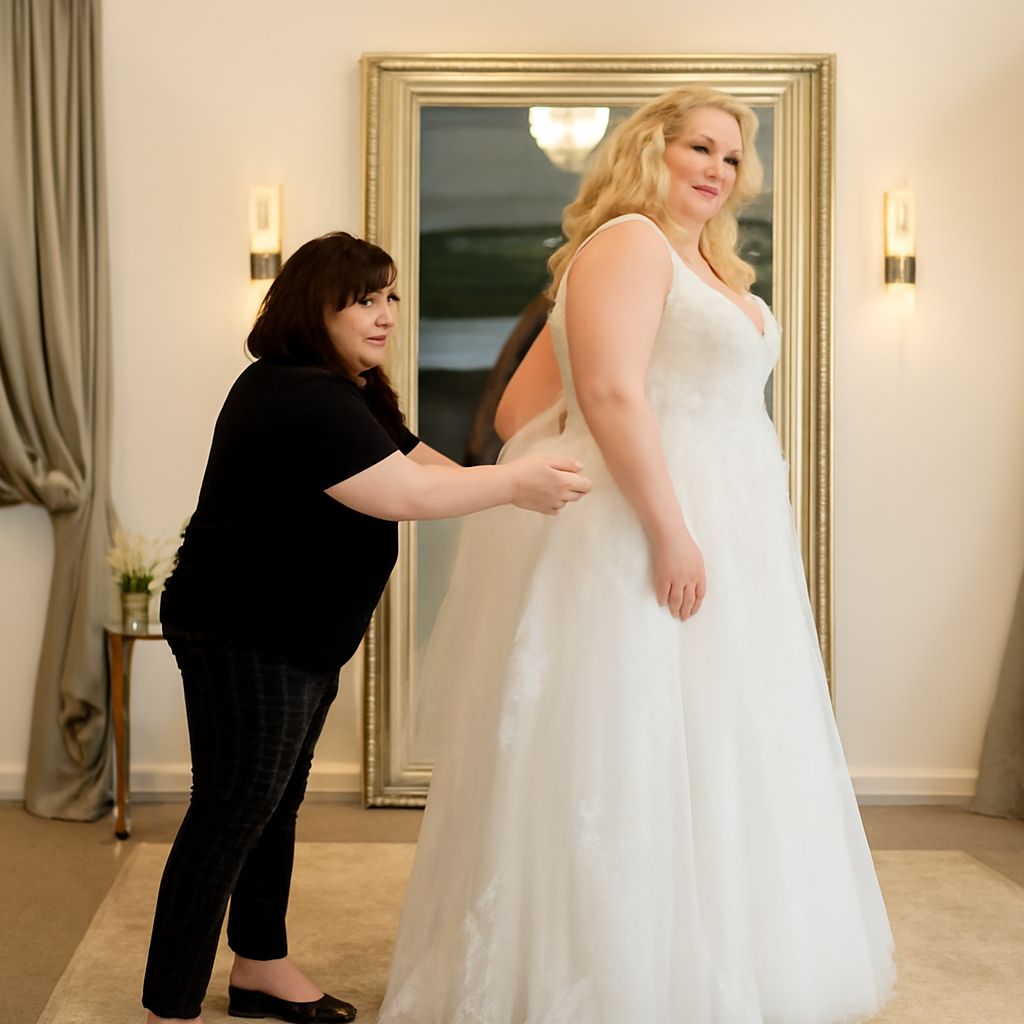Bride having her wedding dress altered